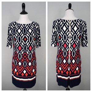 ELIZA J Red White Blue Pink Geometric Short Sleeve Stretch Career Dress Size 8 P